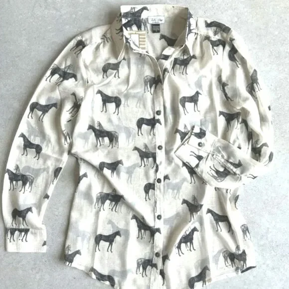 Tasha Polizzi Stallion Print Chiffon Blouse Button Down Shirt Size Medium - Picture 2 of 9